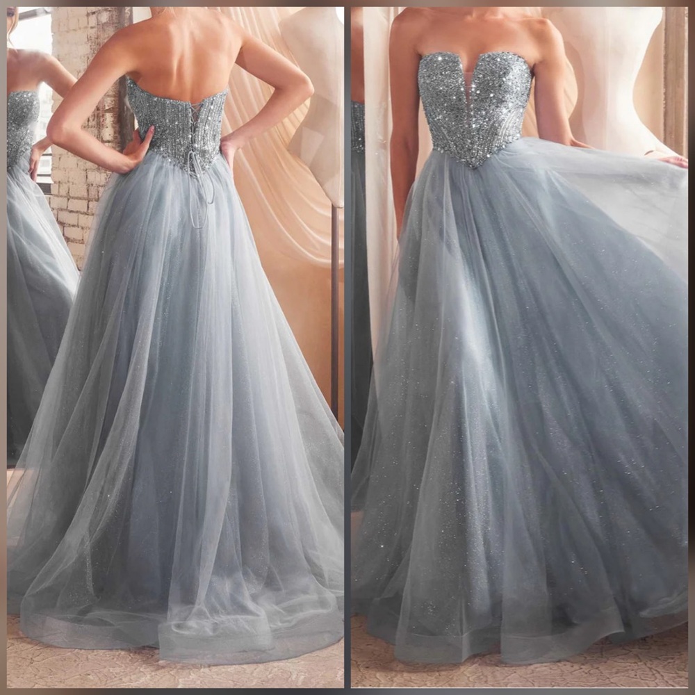 Smokey light blue sparkly beaded a line non traditional wedding dress prom dress